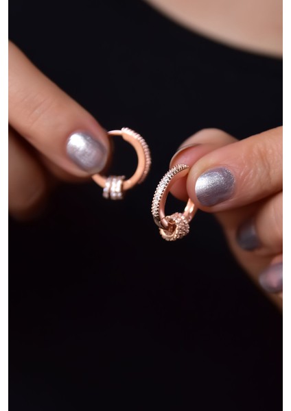 925 Ayar Gümüş Rose Kaplama Üçlü Çember Geçişli Halka Küpe