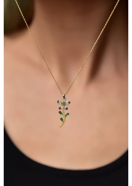 925 Ayar Gümüş Gold Kaplama Mavi Taşlı Papatya Kolye