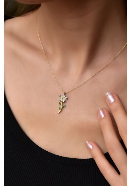 925 Ayar Gümüş Gold Kaplama Mavi Taşlı Papatya Kolye fırsatları