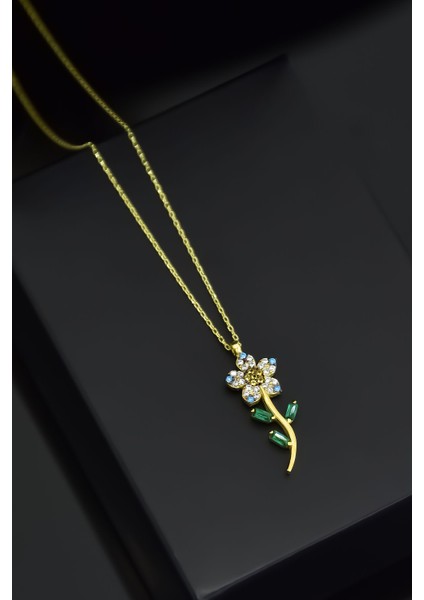 925 Ayar Gümüş Gold Kaplama Mavi Taşlı Papatya Kolye indirimleri