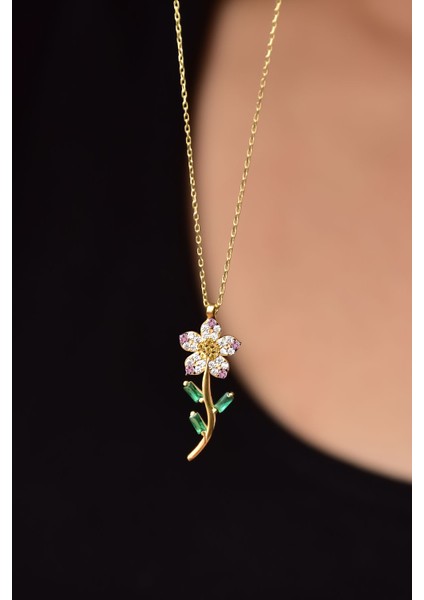 925 Ayar Gümüş Altın Kaplama Pembe Taşlı Papatya Kolye