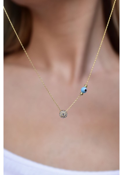 925 Ayar Gümüş Gold Kaplama Gözlü Dorika Toplu Tek Taş Kolye