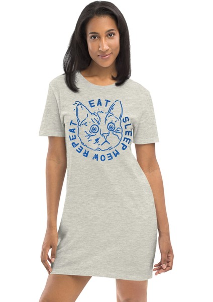 Şaşkın Kedi Açık Gri Kısa Kollu Kadın T-Shirt Elbise