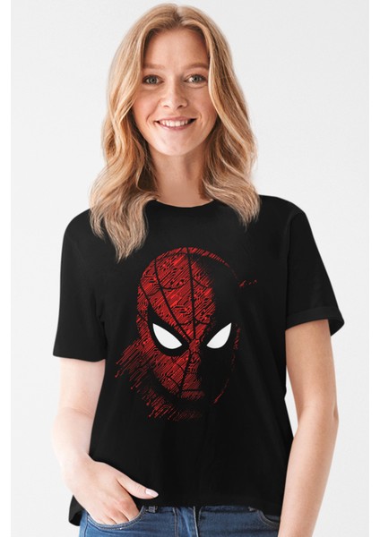 Dijital Örümcek Siyah Kısa Kollu Kadın T-Shirt