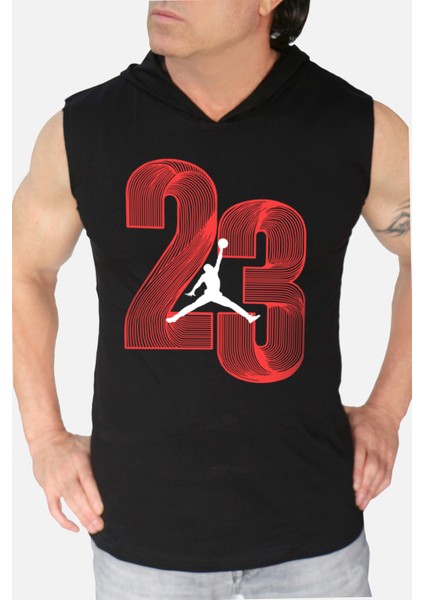 Yirmi Üç Siyah Kapşonlu|kolsuz Erkek Atlet T-Shirt