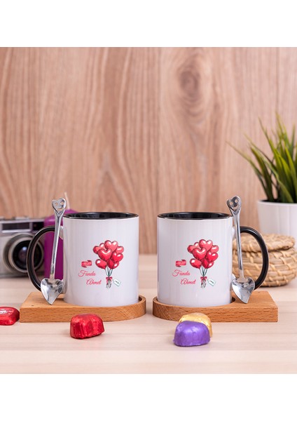 Kişiye Özel Sevgililere Özel Balon Tasarım İkili Ahşap Altlıklı Siyah Kupa Bardak