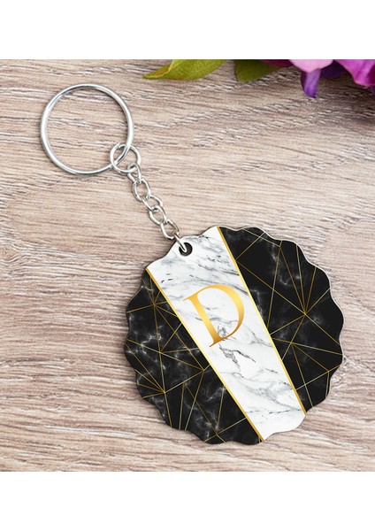 Kişiye Özel Mermer Tasarım Baş Harfli Gold Ahşap Anahtarlık