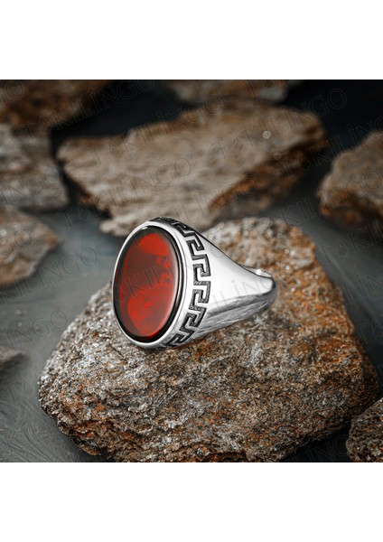 Oval Kırmızı Zirkon Taşlı 925 Ayar Gümüş Erkek Yüzük