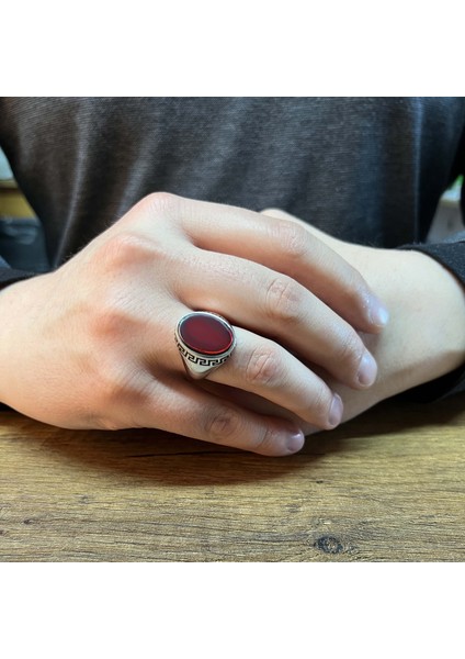Oval Kırmızı Zirkon Taşlı 925 Ayar Gümüş Erkek Yüzük modelleri