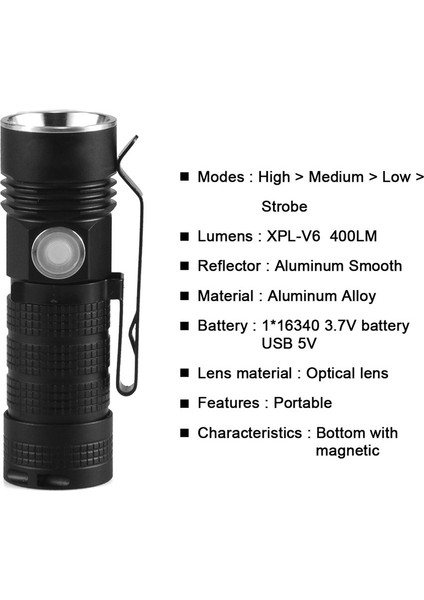 T2 Xpl-V6 400 Lümen Süper Parlak Mini Klips 16340 El Feneri USB Şarj Edilebilir Cep Mini Mıknatıslı Çok Fonksiyonlu El Feneri L (Yurt Dışından)
