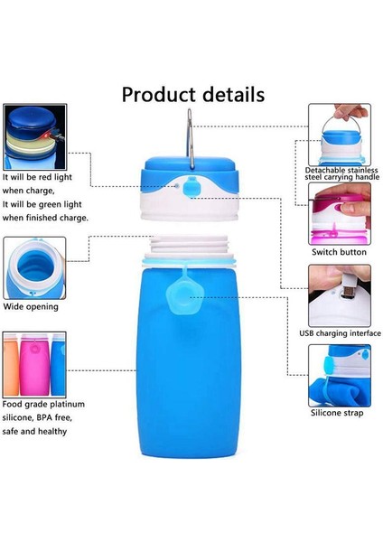 USB Şarj Edilebilir LED Işıklı Katlanabilir Su Şişeleri, 550ML Katlanabilir Şişe, Açık Hava Kampları Için Yeni Favori, Gıda Sınıfı Silikon Turuncu (Yurt Dışından) fırsatları