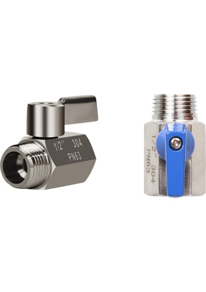 Adet 304 Paslanmaz Çelik Mini Küresel Vana(1/2 Inç Dişi x Erkek) Npt Dişli, Su Akış Regülatörü Baş Kontrol Vanası - Gümüş & Mavi