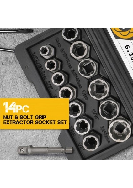 Hı-Spec 14 Adet Hasarlı Cıvata Çıkarıcı Cr-Mo Çelik Somun Vida Sökücü Diş Açma Soket Aracı El Aleti Kiti Alet Kutusunda 6.35 -19MM