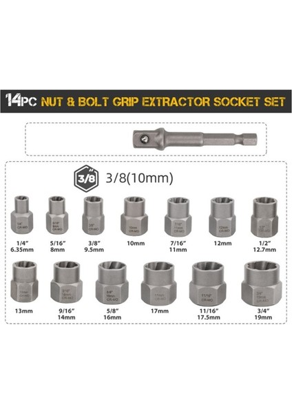 Hı-Spec 14 Adet Hasarlı Cıvata Çıkarıcı Cr-Mo Çelik Somun Vida Sökücü Diş Açma Soket Aracı El Aleti Kiti Alet Kutusunda 6.35 -19MM