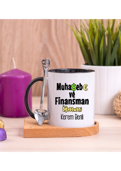 Kişiye Özel Muhasebe ve Finansman Öğretmeni Ahşap Altlıklı Kaşıklı Siyah Kupa Bardak