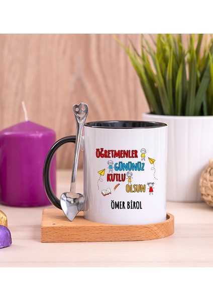 Kişiye Özel Öğretmenler Günü Ahşap Altlıklı Kaşıklı Siyah Kupa Bardak