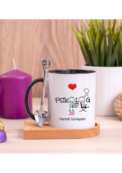 Kişiye Özel Psikolog Ahşap Altlıklı Kaşıklı Siyah Kupa Bardak