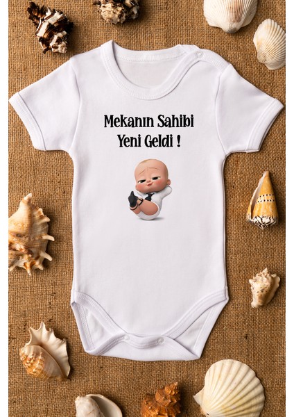 Özel Tasarım Patron Bebek Mekanın Sahibi Yeni Geldi Yazılı Bebek Body Beyaz Badi Zıbın 5128