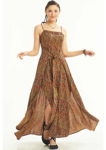 Askılı Belden Bağlamalı Desenli Elbise