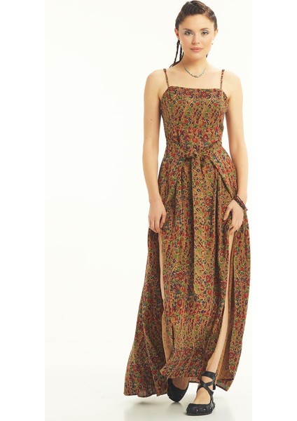 Askılı Belden Bağlamalı Desenli Elbise fiyatları