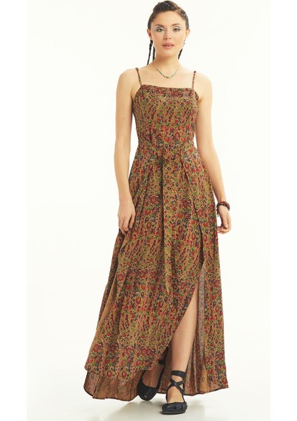 Askılı Belden Bağlamalı Desenli Elbise modelleri