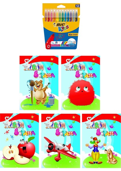 3-6 Yaş Şirin Boyama Kitapları 5 Li +Bic Kids 12 Li Keçeli Boya