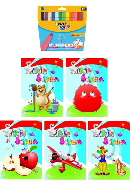3-6 Yaş Şirin Boyama Kitapları 5 Li +Bic Kids XL12 Li Keçeli Boya (Jumbo))