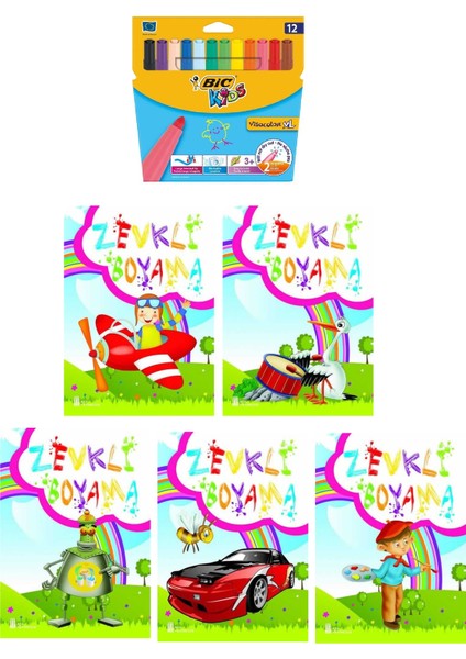 3-6 Yaş Zevkli Boyama Kitapları 5 Li +Bic Kids XL12 Li Keçeli Boya (Jumbo))