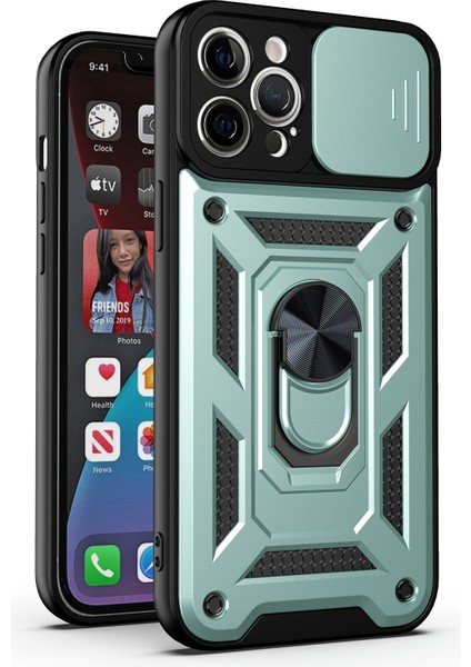 GZPLZ Sürgülü Kamera Kapağı Tpu + Pc Durumda iPhone 13 Koyu Yeşil