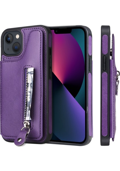 Katı Renkli Çift Toka Fermuar Kılıf iphone 13 Için Mor fiyatları