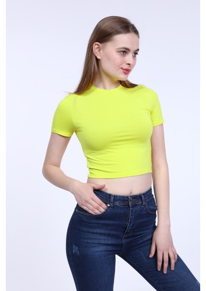 Kadın Sarı Bisiklet Yaka Basic Crop T-Shirt