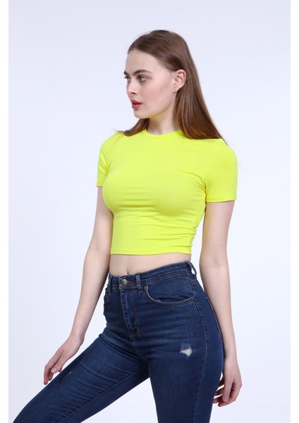 Kadın Sarı Bisiklet Yaka Basic Crop T-Shirt fiyatları