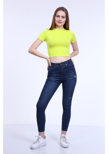 Kadın Sarı Bisiklet Yaka Basic Crop T-Shirt indirimleri