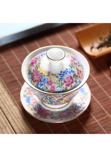 Emaye Çiçek Desen Kung Fu Çay Kase Kaplı Kase Çay Bardağı Seramik Çay Seti Tek Ev Tea Bowl | Teacups (Yurt Dışından)