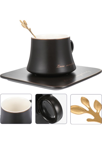 Daire Ve Kaşıkla 1 Adet Kahve Fincanı Seramik Çay Bardağı Tabağı Ve Kaşık Kiti (Siyah) | Cups Tabaklar (Yurt Dışından)