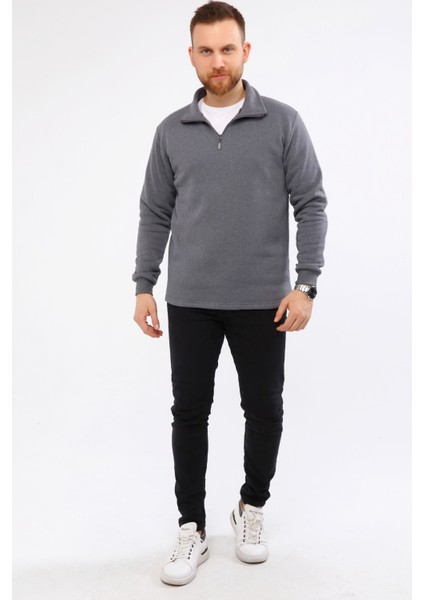 Erkek Regular Fit Balıkçı Yaka Uzun Kollu Füme Gri Sweatshirt