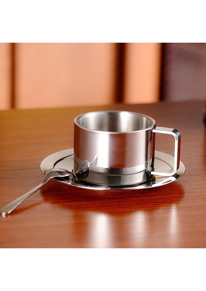 Paslanmaz Çelik Kahve Fincanı Ve Tabağı Seti Çift Katmanlı Tumbler Metal Kupa Kahve Yalıtımlı Tumblers Latte Kupalar | Kahve Kupası Ve Tabak Setleri (Yurt Dışından)