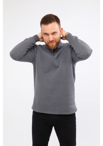 Erkek Regular Fit Balıkçı Yaka Uzun Kollu Füme Gri Sweatshirt