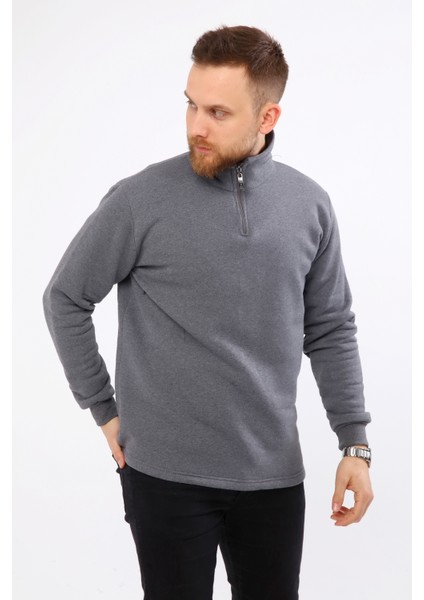 Erkek Regular Fit Balıkçı Yaka Uzun Kollu Füme Gri Sweatshirt