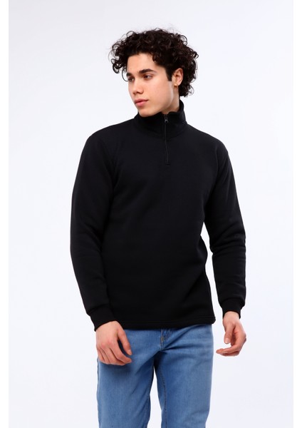 Erkek Regular Fit Balıkçı Yaka Uzun Kollu Siyah Sweatshirt