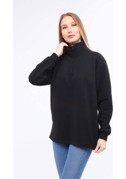 Kadın Black Regular Fit Balıkçı Yaka Uzun Kollu Siyah Sweatshirt