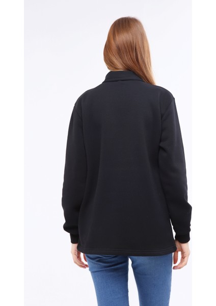 Kadın Black Regular Fit Balıkçı Yaka Uzun Kollu Siyah Sweatshirt