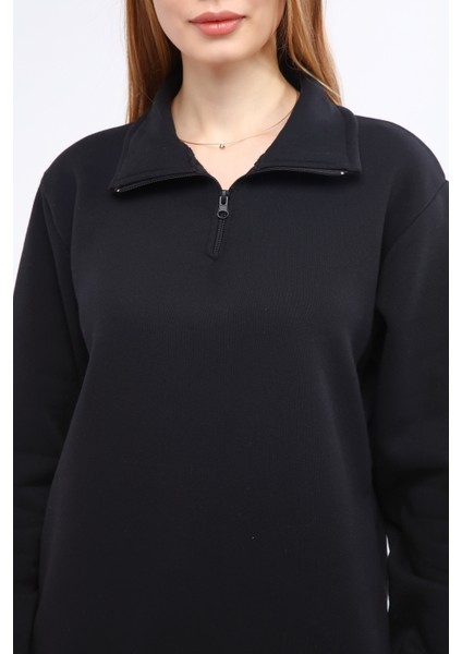 Kadın Black Regular Fit Balıkçı Yaka Uzun Kollu Siyah Sweatshirt