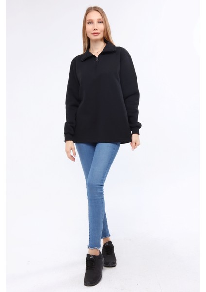Kadın Black Regular Fit Balıkçı Yaka Uzun Kollu Siyah Sweatshirt