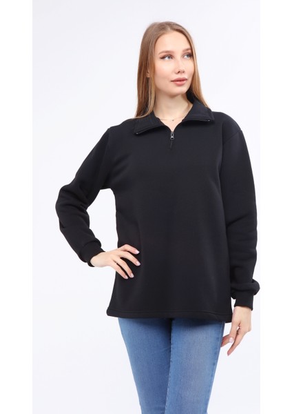 Kadın Black Regular Fit Balıkçı Yaka Uzun Kollu Siyah Sweatshirt