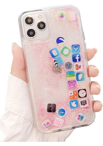 Apple iPhone 12 Pro Kılıf Hareketli İçi Sıvı Sosyal Medya İkonlu Simli Water Kapak