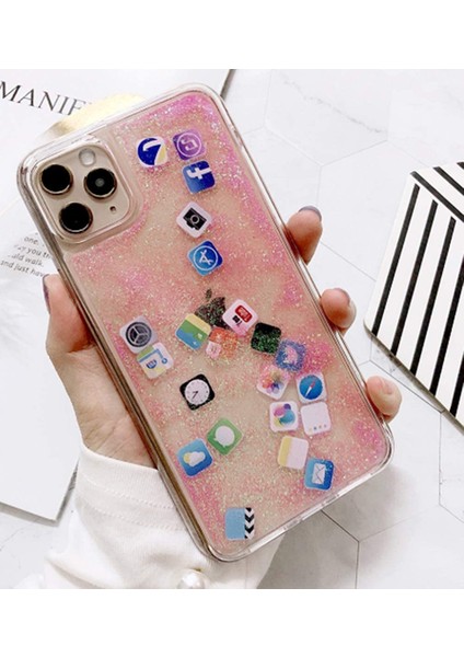 Apple iPhone 12 Pro Kılıf Hareketli İçi Sıvı Sosyal Medya İkonlu Simli Water Kapak fiyatları