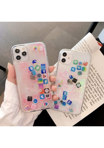 Apple iPhone 12 Pro Kılıf Hareketli İçi Sıvı Sosyal Medya İkonlu Simli Water Kapak modelleri