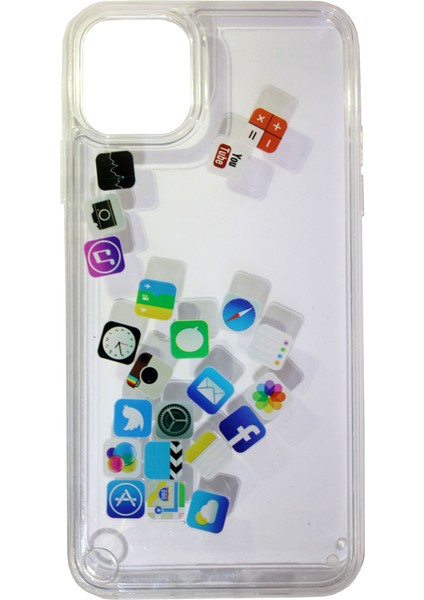 Apple iPhone 11 Pro Max Kılıf Hareketli İçi Sıvı Sosyal Medya İkonlu Water Kapak