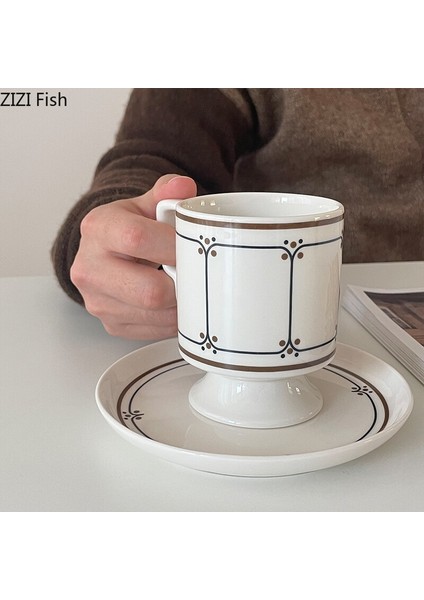 Retro Uzun Boylu Kupa Daire Seramik Kahvaltı Süt Fincan Çift Öğleden Sonra Çay Kahve Fincanı Seti Nordic Tarzı Ev Dekorasyon Drinkware | Kupalar (Yurt Dışından)